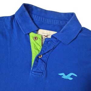 Hollister Polo Shirt Mens Medium Blue Short Sleeve Embroidered Seagull Y2K Vtg